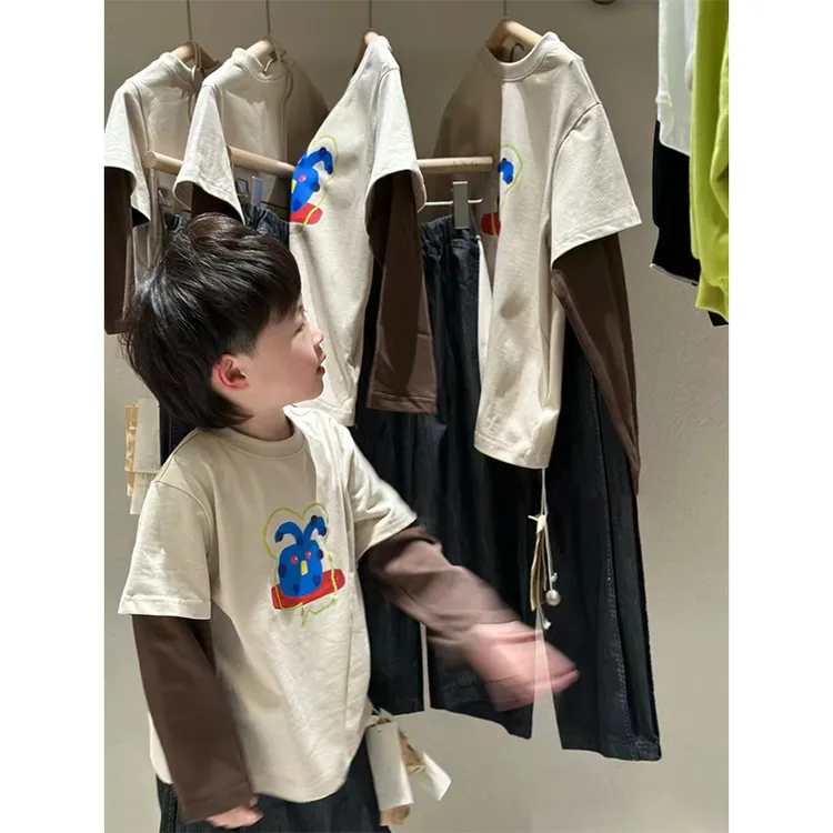韩范童装男童t恤长袖2025春秋新款儿童潮酷帅洋气宝宝假两件上衣