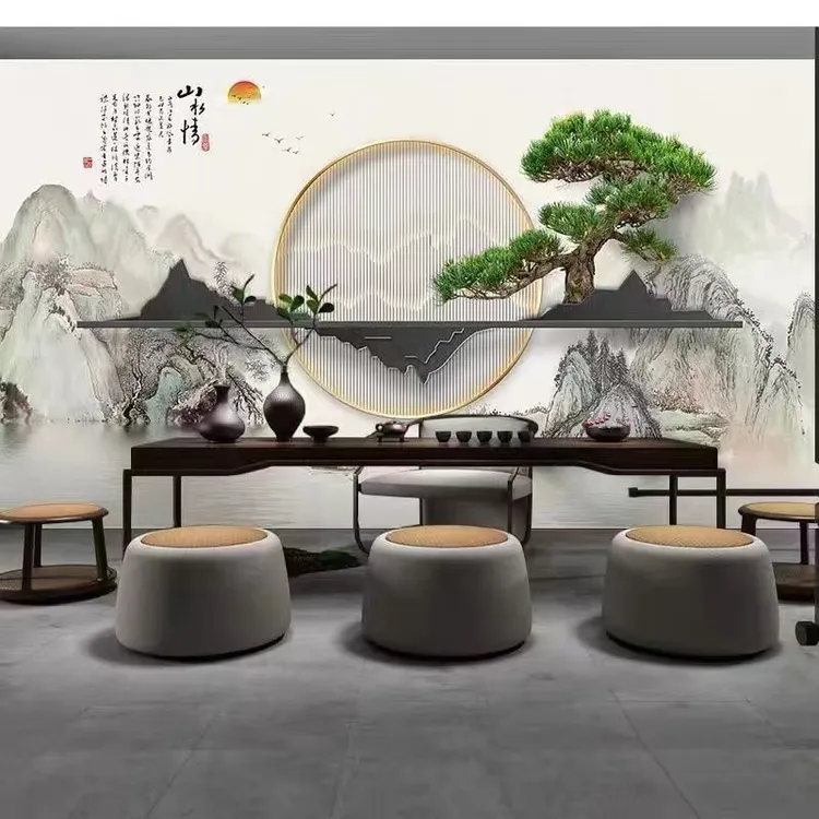 2025中式茶室背景墙现代简约轻奢3d立体壁画茶室会客厅背景墙壁画