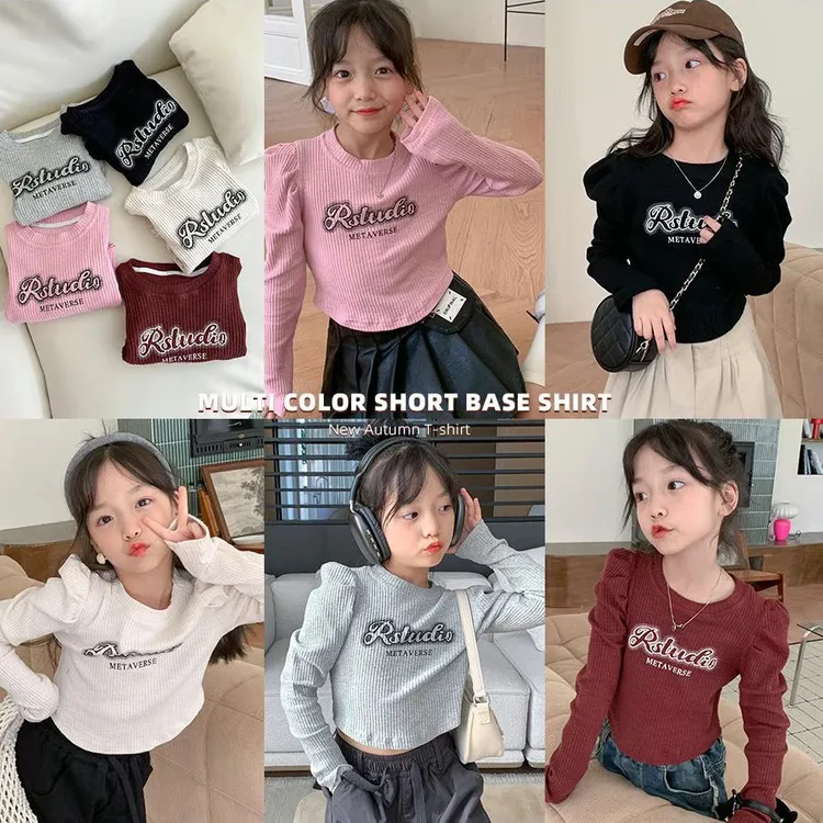 童装年秋装女童韩国泡泡袖坑条儿童长袖字母打底T恤