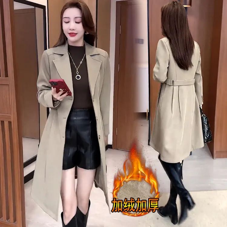加绒加厚时尚风衣女2024冬季新款气质收腰显瘦西装领中长保暖外套