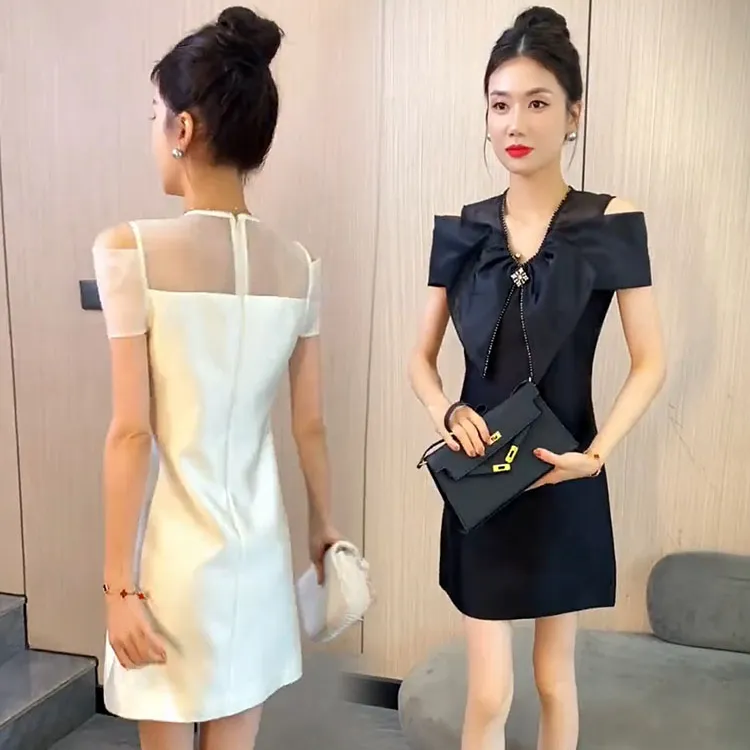 连衣裙女2024夏新款气质名媛设计感蝴蝶结露肩修身显瘦短款礼服裙