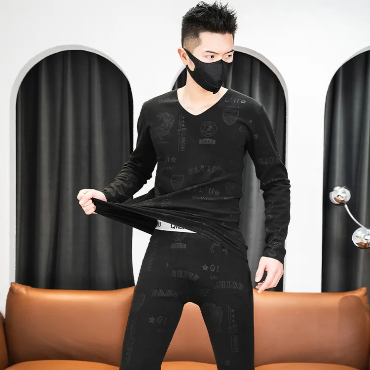 【7A抗菌】长袖运动薄款加绒修身印花男秋冬压花保暖套装内衣秋衣