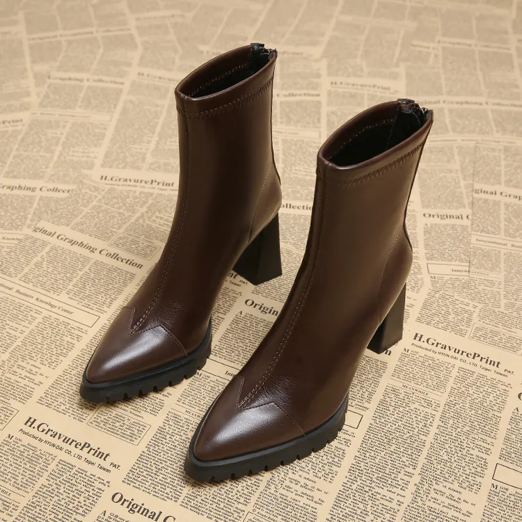 真皮羊皮棕色瘦瘦靴增高厚底防水台短靴尖头高跟鞋秋冬鞋子美拉德