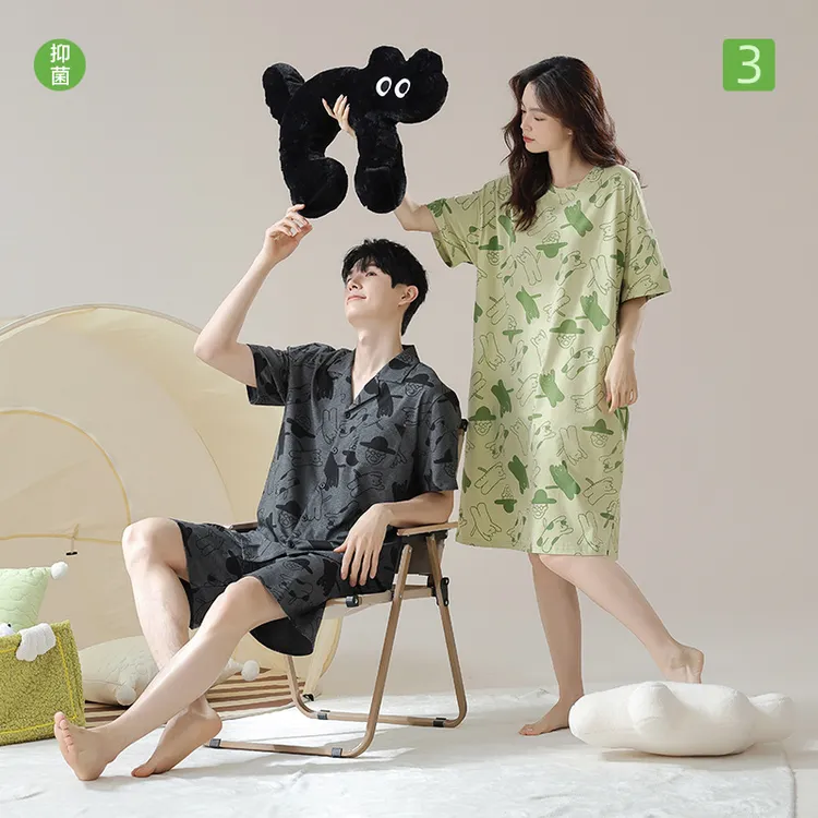 7a夏季抗菌新疆棉情侣纯棉睡衣男士全棉睡裙女夏天透气薄款家居服