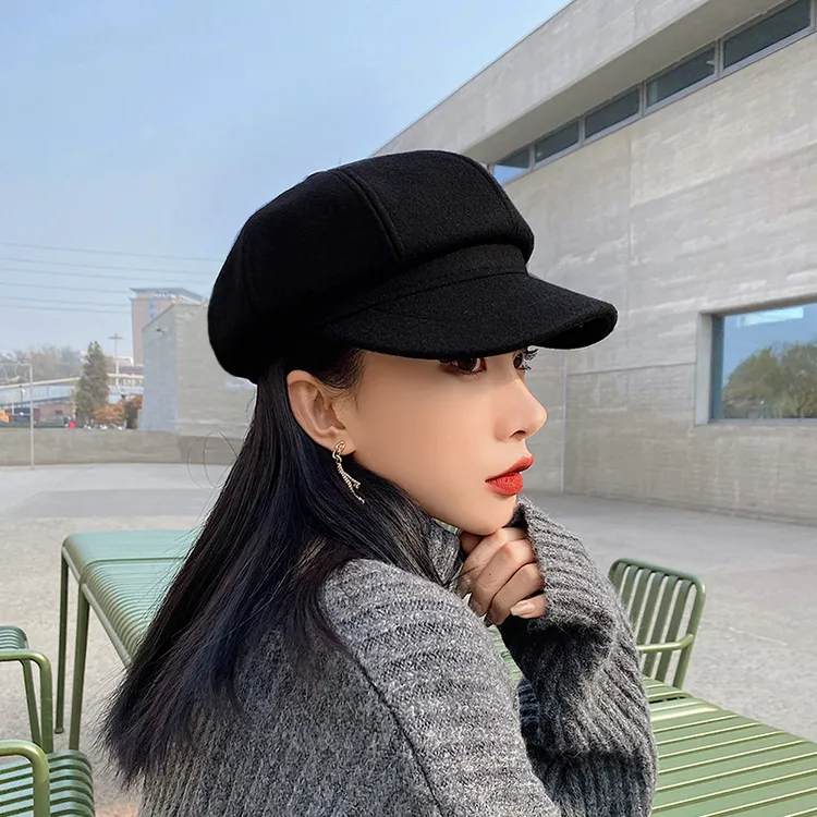 毛呢八角帽显脸小宽檐帽贝雷帽女大头围帽子女秋冬百搭复古报童帽