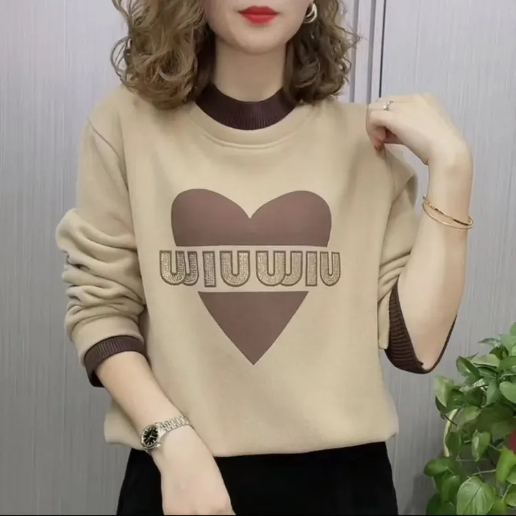 秋冬新款加绒加厚圆领卫衣女士爱心印花烫钻宽松显瘦百搭休闲上衣