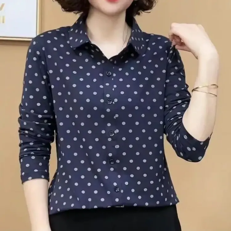 春夏新款衬衫女士波点翻领小衫时尚百搭显瘦长袖上衣洋气妈妈装潮