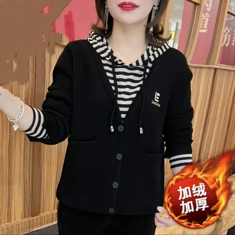 2022秋冬新连帽假两件卫衣加绒加厚宽松显瘦百搭休闲长袖拼色上衣