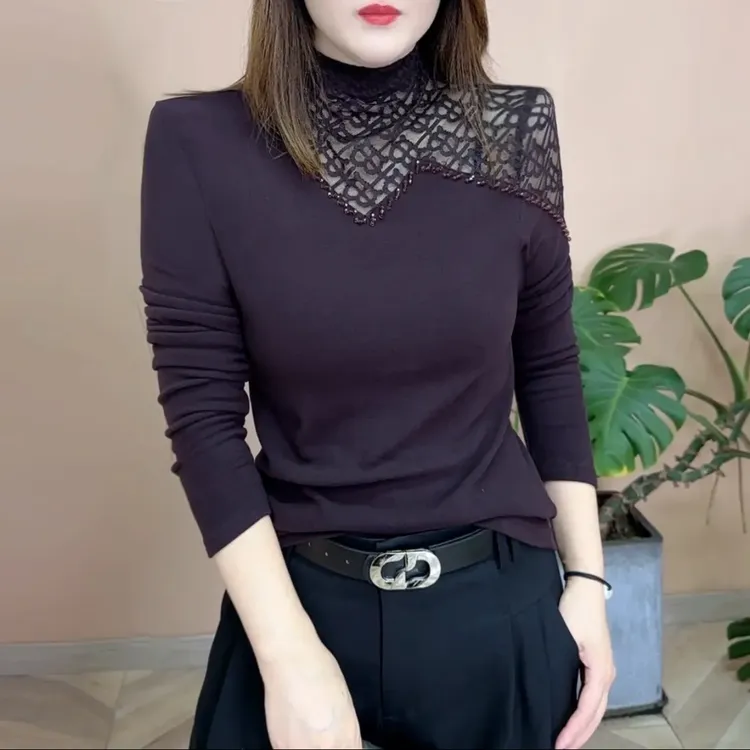 秋冬新款半高领拼接加绒打底衫时尚百搭显瘦女士长袖纯色保暖上衣