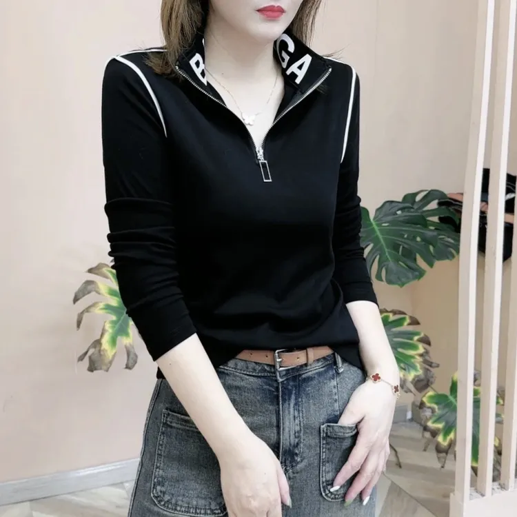 秋季新款长袖翻领领拉链T恤女士时尚休闲气质打底衫百搭立领小衫
