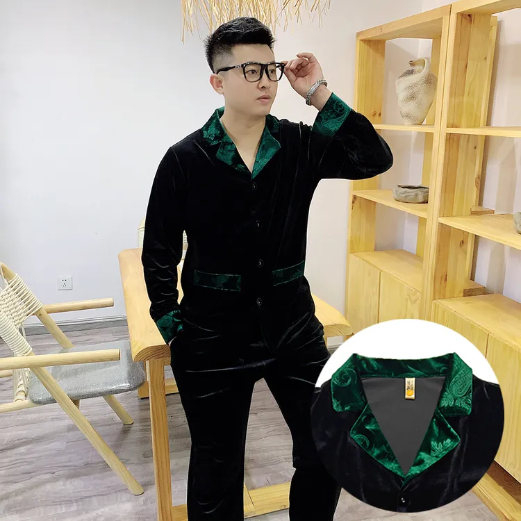 男士大码休闲轻奢拼接领金丝绒家居服秋季2025新款时尚高档睡衣潮