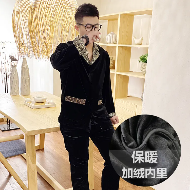 加绒2025男拼接领金丝绒长袖睡衣套装大码时尚休闲可外穿家居服潮
