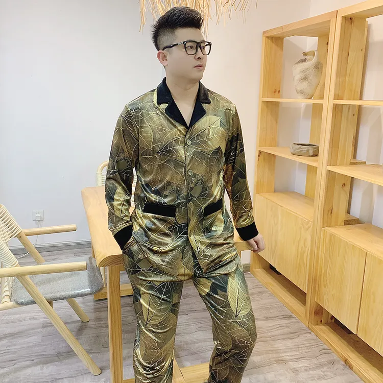 高级感睡衣套装男2025秋季金树叶弹力轻奢高级感大码可外穿家居服