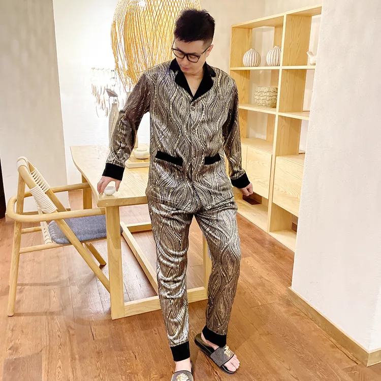2025秋冬男烫金长袖长裤睡衣套装可外穿轻奢高级感金丝绒家居服潮
