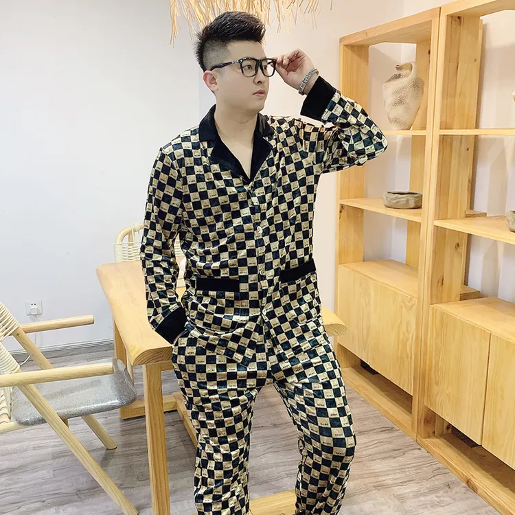 格子男士大码金丝绒睡衣套装2025春秋款弹力宽松休闲可外穿家居服