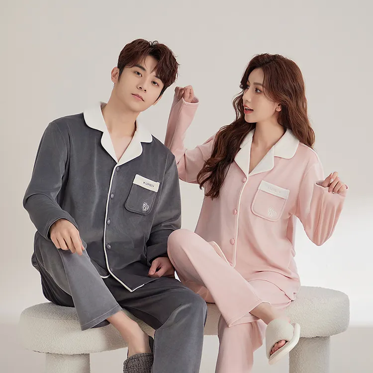 2024新款加厚海岛绒面料长袖长裤大红色简约休闲情侣睡衣家居服