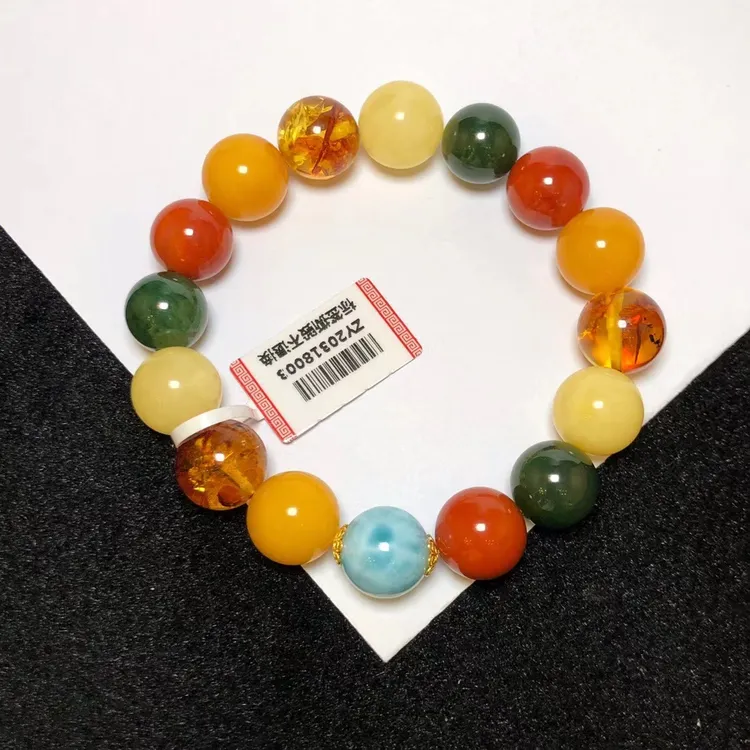 高端多宝天然花珀南红海纹石碧玉18k配件上等蜜蜡手串