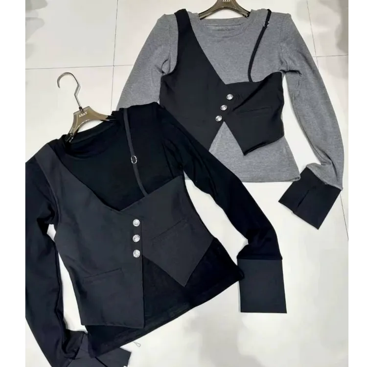 设计感不规则假两件长袖T恤女冬季2024新款修身韩式圆领打底上衣