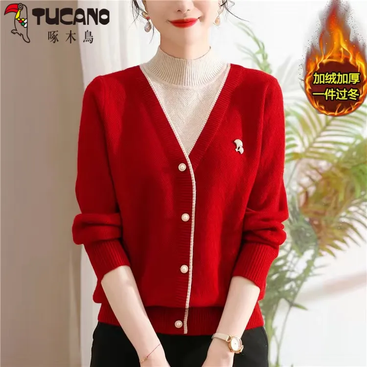 啄木鸟冬季妈妈加绒毛衣中老年针织衫女士上衣洋气加厚保暖婆婆红