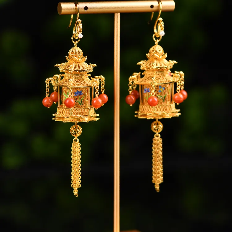 925银耳饰  925银鎏金 宫灯耳饰国风珠宝