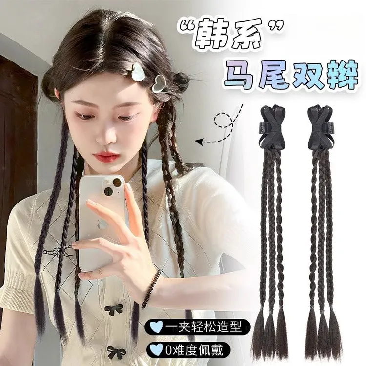 抓夹拳击辫马尾千禧辣妹麻花辫抓夹马尾辫子假发女甜酷蝴蝶结抓夹
