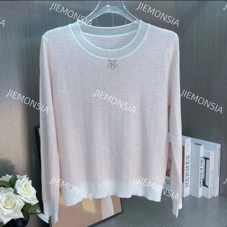 2025春季新款蕾丝镶钻针织衫女圆领打底气质显瘦百搭长袖上衣女