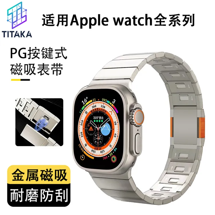 新款不锈钢磁吸苹果表带适配iwatch10s9Ultra2按键快拆高级商务