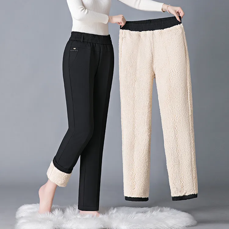 中老年女裤秋冬加绒加厚御寒直筒裤冬季老年人高腰宽松羊羔绒暖裤