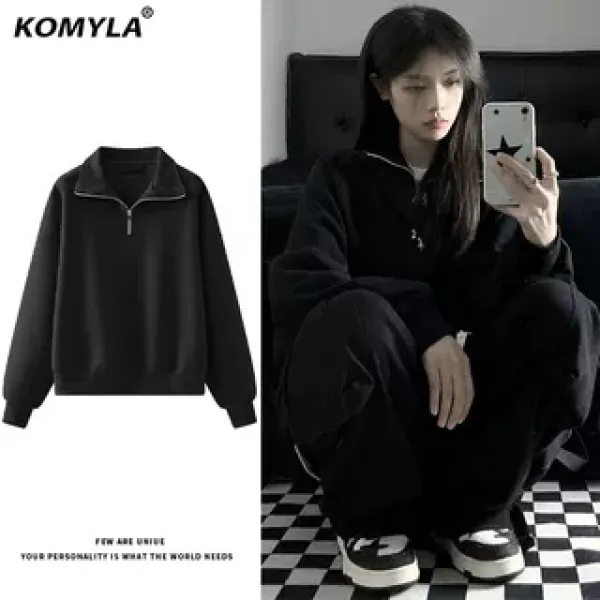 早秋新款纯色半拉链polo领卫衣ins无性别穿搭加厚银狐绒外套上衣i