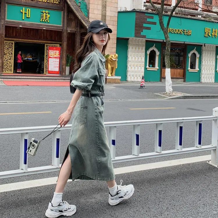 水洗复古做旧开叉牛仔连衣裙女春秋2024气质减龄翻领收腰显瘦长裙