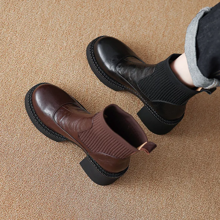 手抓羊皮~6.5cm厚底针织毛线瘦瘦靴秋冬粗跟马丁靴大码40-42短靴