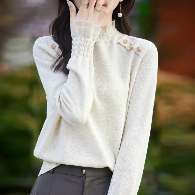 24秋新款半高领蕾丝打底衫女欧货洋气内搭长袖上衣宽松显瘦小衫
