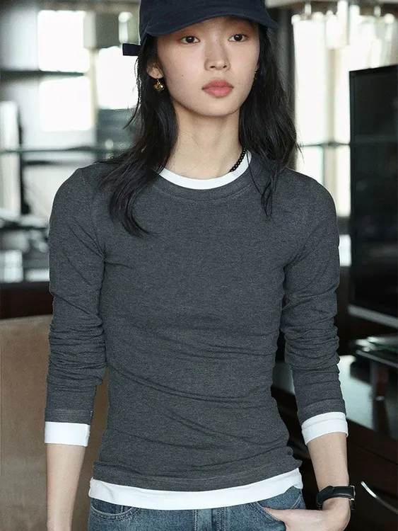 长袖T恤女圆领洋气温婉风美拉德小香风减龄打底衫内搭修身上衣
