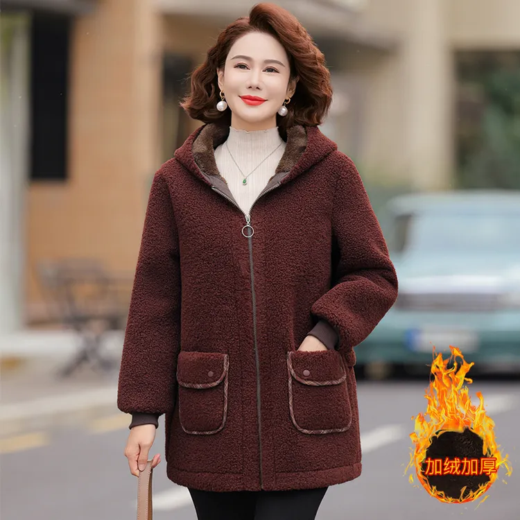 妈妈冬装颗粒绒外套洋气新款棉袄中老年人大码棉衣女秋冬连帽棉服
