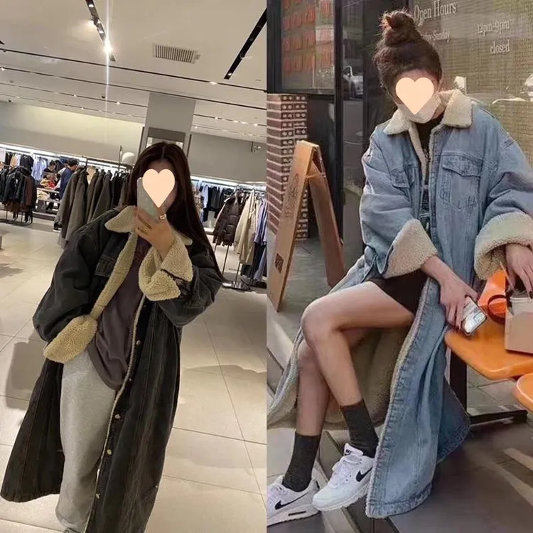 过膝长款棉服女韩系宽松休闲百搭直筒加绒加厚牛仔外套大口袋棉衣