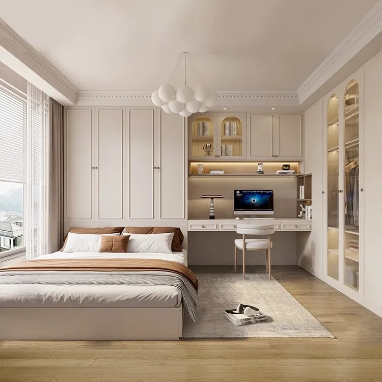 榻榻米床衣柜一体组合床多功能储物床奶油风卧室带书桌法式儿童床