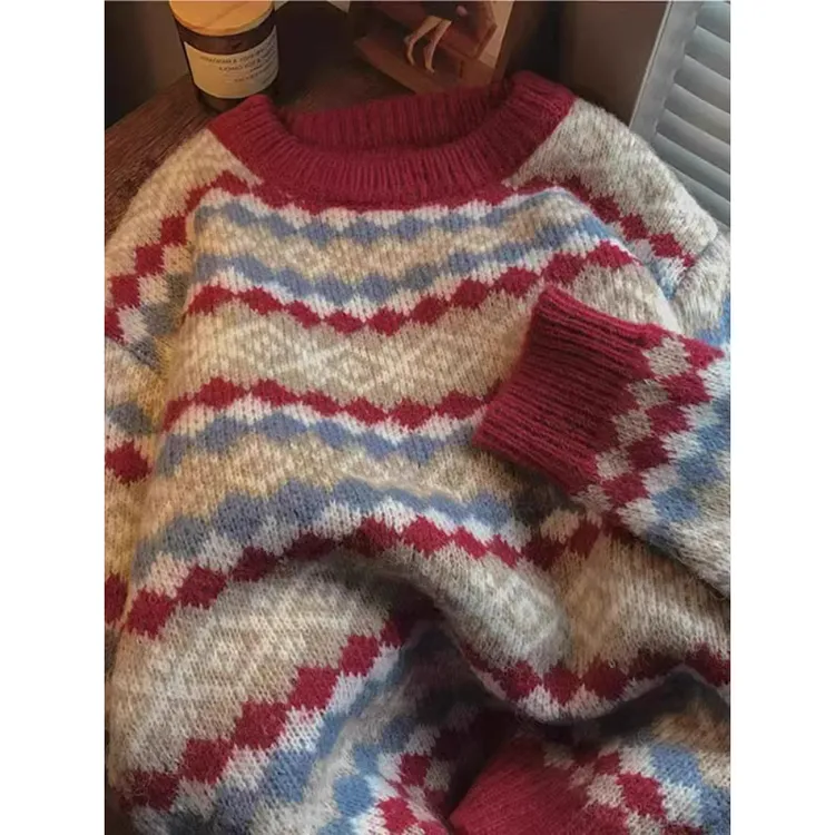 巨喜欢这件！厚实，暖和！高级感复古提花红色套头毛衣女针织衫上衣