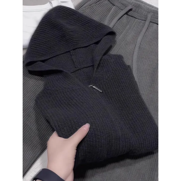 欧货重磅推荐！高级感毛衣漂亮灰色慵懒风针织衫女连帽衫好看上衣