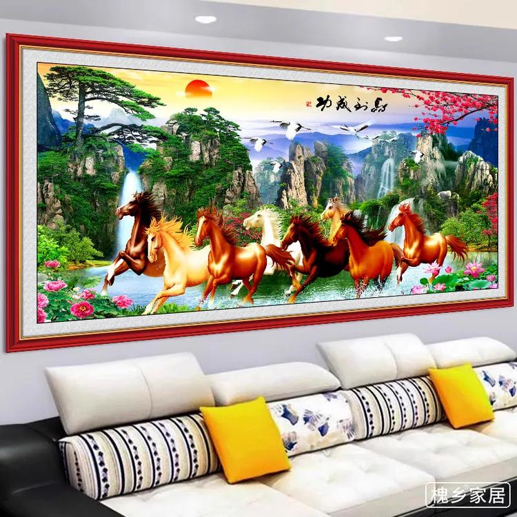 马到成功八骏图山水客厅装饰画3d感墙贴画自粘印刷国画墙壁画贴纸