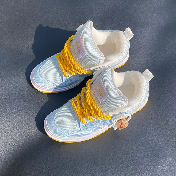 高颜值蓝色国潮面包鞋厚鞋舌百搭潮流爆款情侣款休闲鞋运动帆布鞋