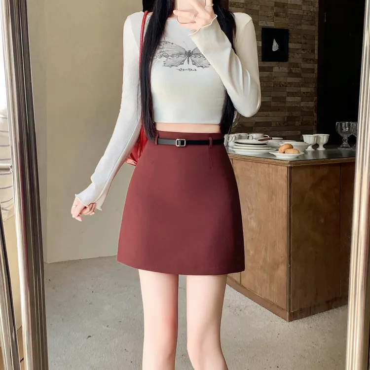 安可拉红色a字西装半身裙女秋季2024新款配腰带高腰显瘦包臀短裙