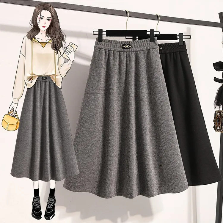 秋冬新款大码毛呢遮跨宽松半身裙女胖MM高腰显瘦百搭中长款A字裙