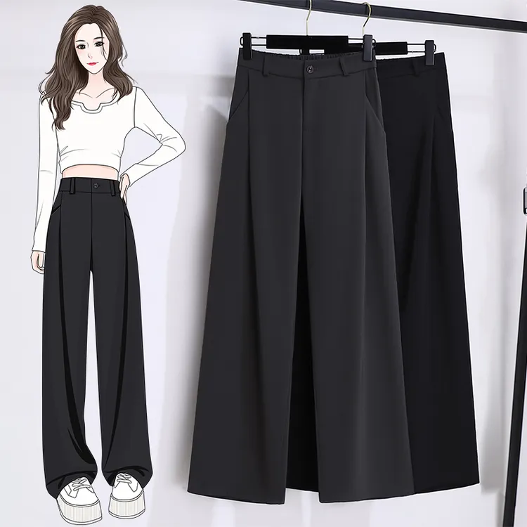 夏季新款大码垂感显瘦休闲西装阔腿裤女韩版胖MM梨型身材拖地长裤