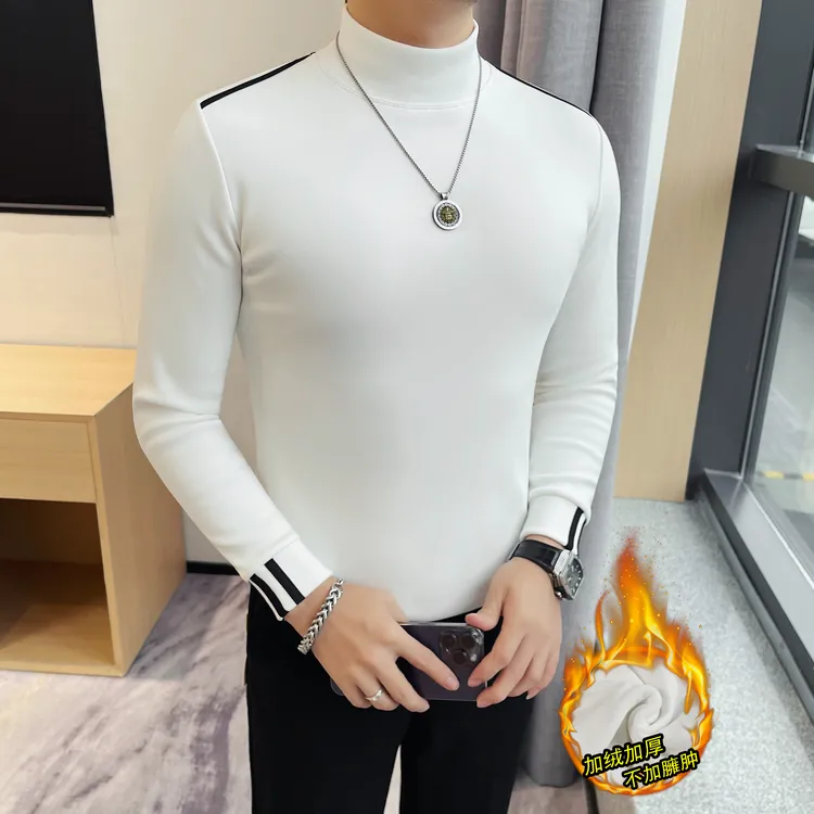 潮流百搭时尚休闲T恤男士长袖加绒修身半高领加厚保暖中领打底衫