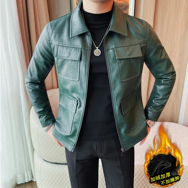 春秋款男装复古皮衣韩版修身时尚翻领休闲夹克百搭帅气机车外套