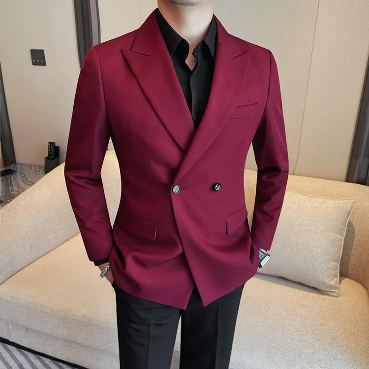 秋季爆款西装外套男士休闲单西修身商务结婚礼服帅气红色西服上衣