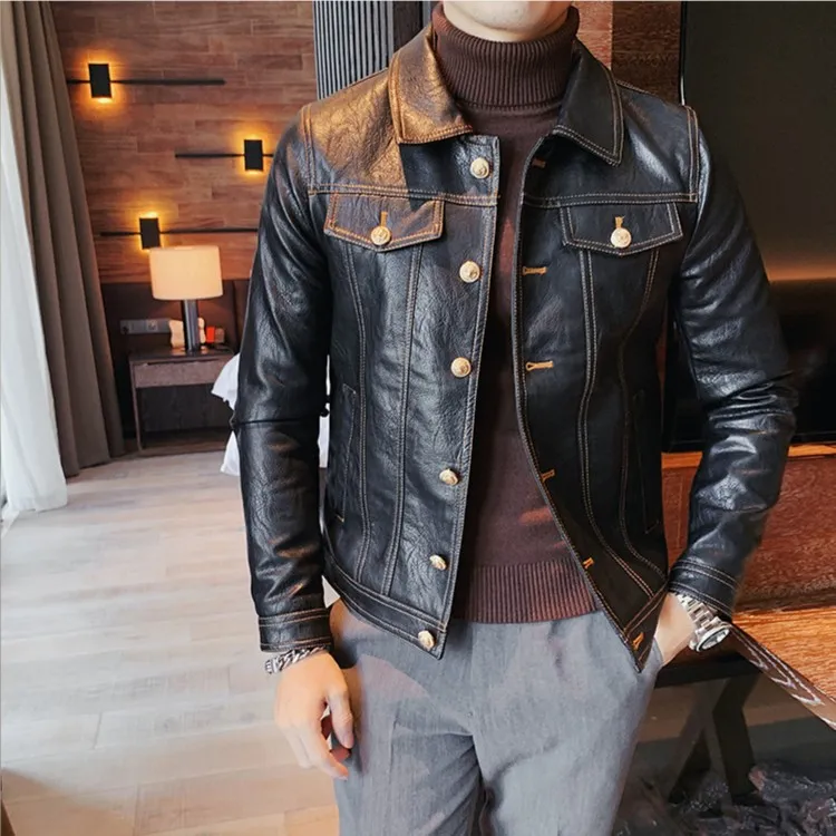 猎撒秋季韩版修身复古帅气机车短款皮衣青年时尚潮流翻领皮夹克男