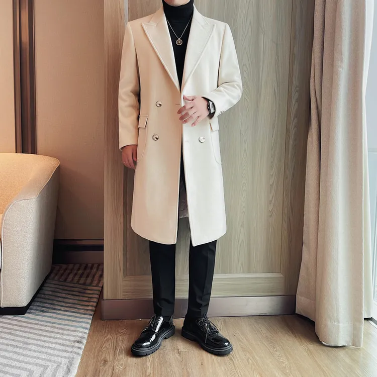 冬季厚款双排扣中长款休闲毛呢大衣英伦雅痞修身加厚保暖风衣外套