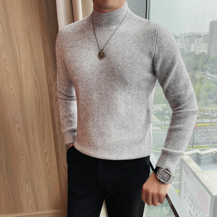秋冬新款半高领纯色毛衣男士针织套头修身中领打底衫毛线上衣服