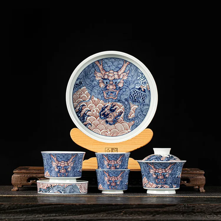 景德镇青花釉里红龙纹盖碗茶杯套组家用干泡台陶瓷茶具套装泡茶碗